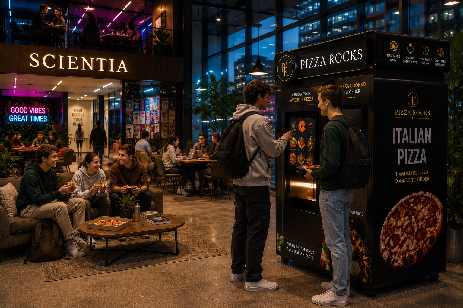 Pizza Rocks vending machine positioned in student accommodation